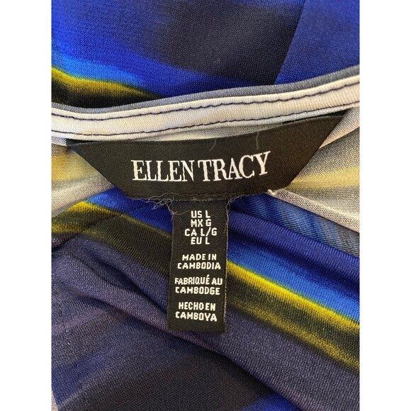 Ellen Tracy Blouse Sz Large Top Blue Green Bell Sleeves Flare Bottom + Stretch - Picture 7 of 10